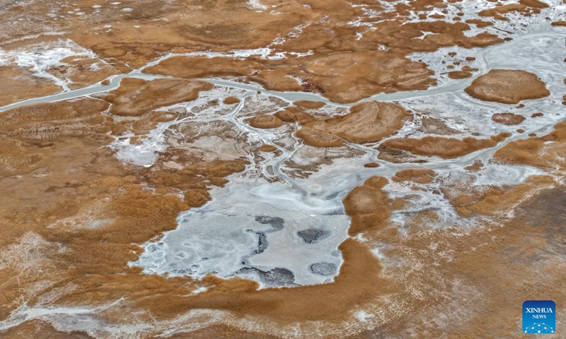 An aerial drone photo taken on Nov. 16, 2025 shows the waterway connecting the Dasugan Lake and the Xiaosugan Lake in Kazak Autonomous County of Aksay, Jiuquan, northwest China's Gansu Province. Dasugan Lake and Xiaosugan Lake are connected and are both formed by the meltwater from the Qilian Mountains. A unique phenomenon is that the upstream Xiaosugan Lake is a freshwater lake, while the downstream Dasugan Lake is a saline lake.

Together, they nurture a vibrant ecological wetland in the vast Gobi Desert, serving as an important stopover and breeding habitat for migratory birds along China's migration routes. Photo: Xinhua