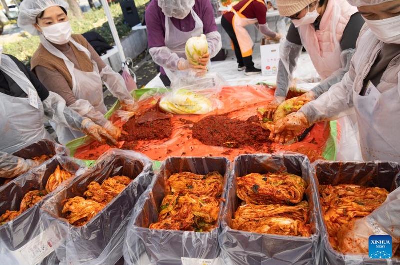People make Kimchi, pickled vegetable, for a sharing event at the Jogyesa temple in Seoul, South Korea, Nov. 16, 2025. Local people made Kimchi, which will be shared with their neighbours in need, during a sharing event held here on Sunday. Photo: Xinhua