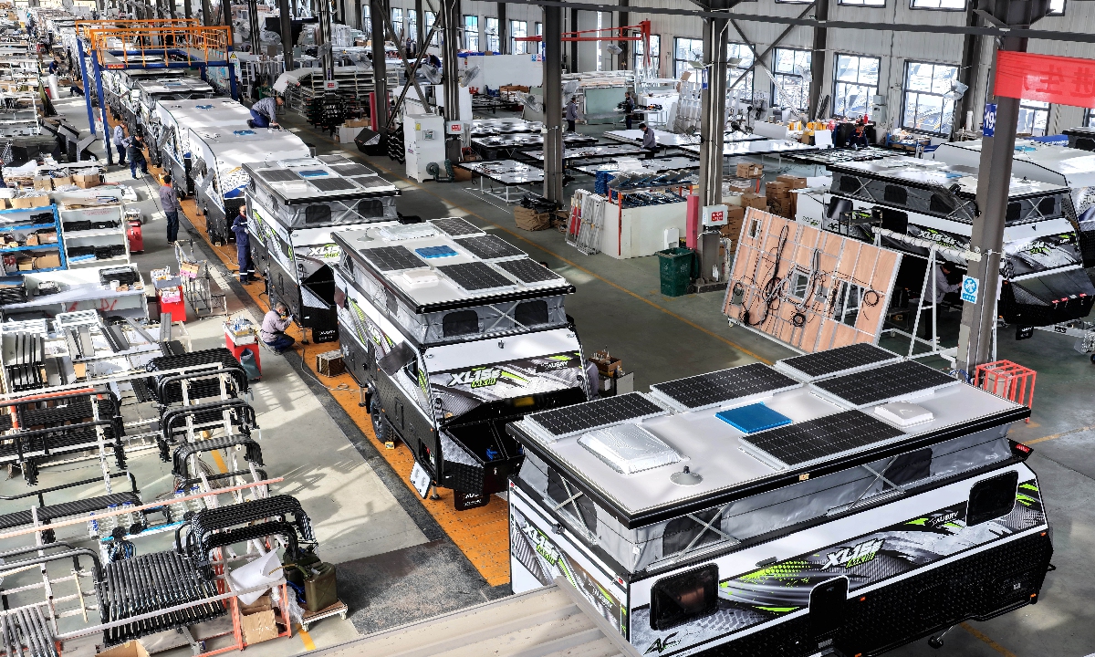 A workshop of a recreational vehicle (RV) manufacturing company is seen in Rongcheng, East China's Shandong Province on November 17, 2025. Local producers are ramping up efforts to seize international market opportunities with technological innovation. Photo: VCG