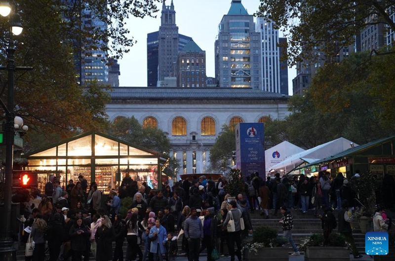 People visit the Winter Village at Bryant Park in New York, the United States, on Nov. 15, 2025. Featuring a holiday market, a skating rink and a food hall, the Winter Village is a popular winter holiday destination at Bryant Park. Photo: Xinhua