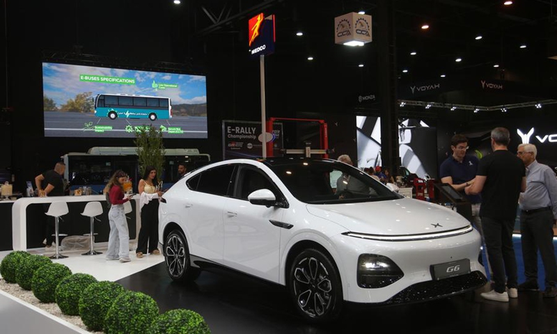 People visit the third edition of the e-Motor Show Middle East in Beirut, Lebanon, Nov. 12, 2025. (Xinhua/Bilal Jawich)