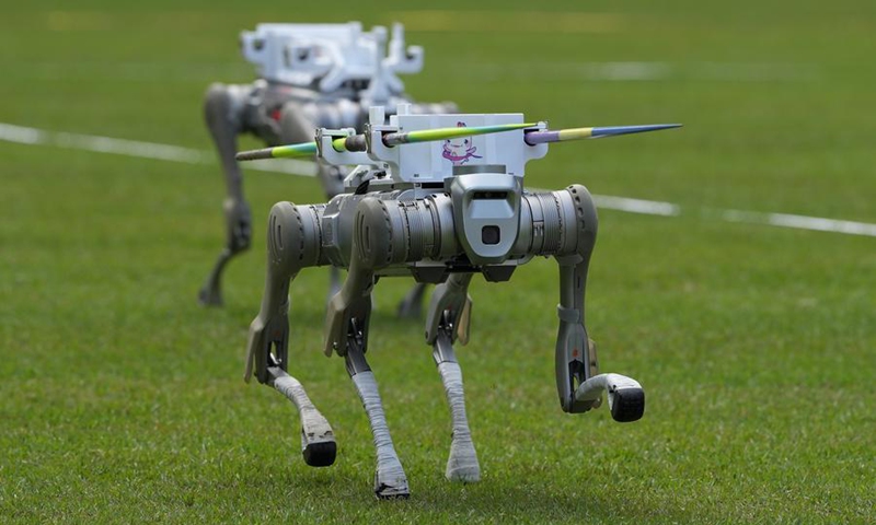 Robotic dogs transport javelins during the women's javelin qualifying round at China's 15th National Games in Guangzhou, south China's Guangdong Province, on Nov. 15, 2025. (Xinhua/Li Yibo)