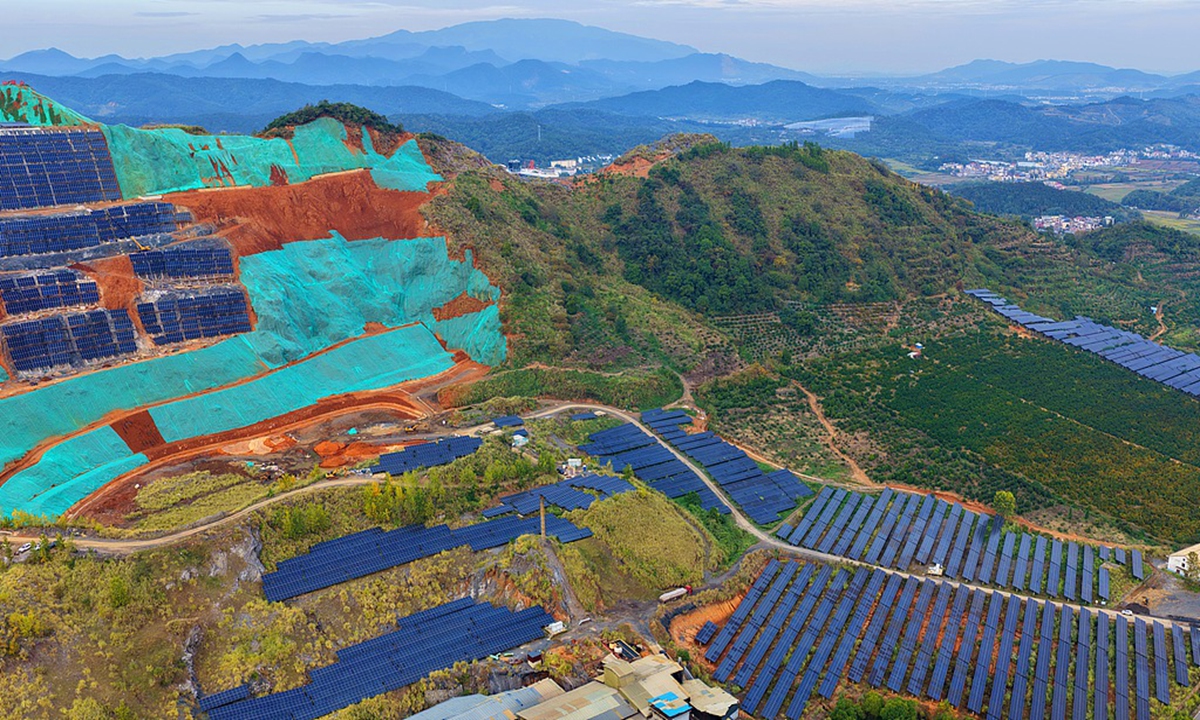 A mountainside at a mine in Xinyu, East China's Jiangxi Province is fitted with photovoltaic panels for ecological restoration on November 14, 2025. Photo: VCG