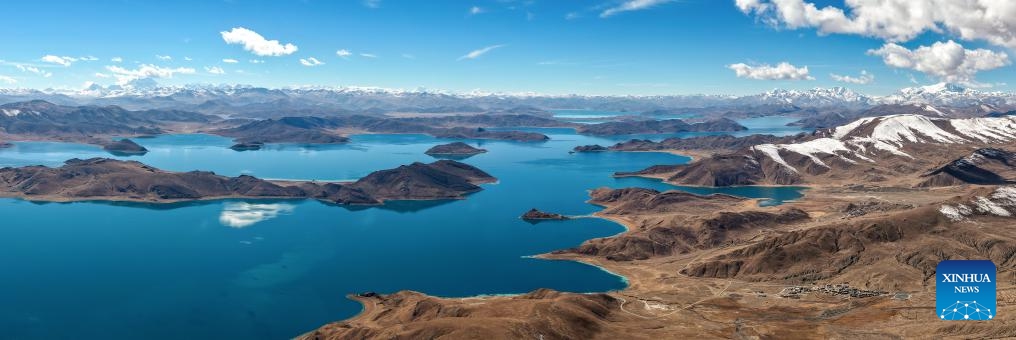 A stitched aerial drone photo taken on Nov. 20, 2025 shows the scenery of the Yamzbog Yumco Lake in southwest China's Xizang Autonomous Region. (Xinhua/Jiang Fan)