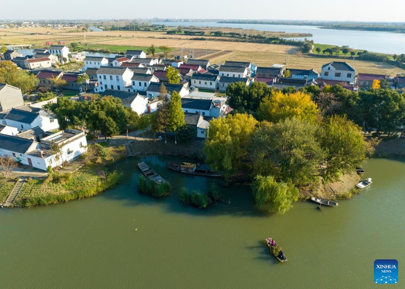 An aerial drone photo taken on Nov. 20, 2025 shows villagers cleaning floats from a waterway in Tangzhuang Village of Xinghua, east China's Jiangsu Province. Local authorities in Xinghua have sought to embed environmental construction into the rural industry landscape in recent years, helping create numerous villages that are both livable and suitable for business operations.  Photo: Xinhua