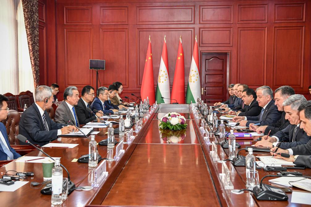 Chinese Foreign Minister Wang Yi, also a member of the Political Bureau of the Communist Party of China (CPC) Central Committee, holds the first strategic dialogue with Tajikistan's Minister of Foreign Affairs Sirojiddin Muhriddin in Dushanbe, Tajikistan, Nov. 22, 2025. (Xinhua/Zhang Chaoqun)