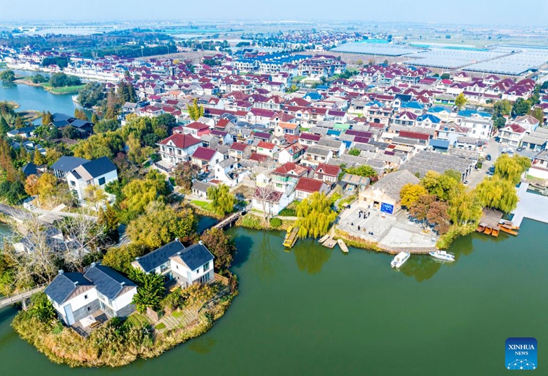 An aerial drone photo taken on Nov. 21, 2025 shows a view of Dongluo Village, which has been listed in the UN Tourism's 2025 edition of Best Tourism Villages, in Xinghua, east China's Jiangsu Province. Local authorities in Xinghua have sought to embed environmental construction into the rural industry landscape in recent years, helping create numerous villages that are both livable and suitable for business operations. Photo: Xinhua