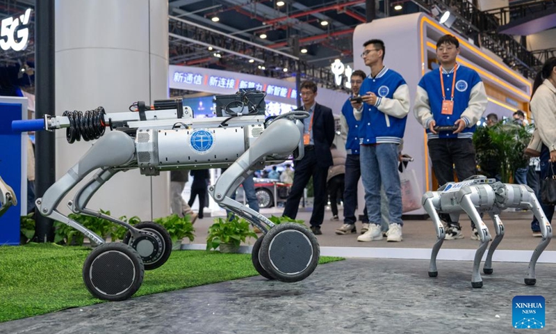 A robotic dog for on-site survey is seen during the 2025 China 5G + Industrial Internet Conference in Wuhan, central China's Hubei Province, Nov. 21, 2025. The conference kicked off here on Friday and will run through Sunday. Photo: Xinhua