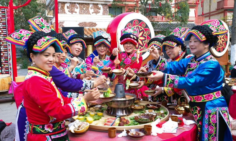 Residents attend a group banquet in celebration of the Qiang New Year in Wenchuan County, Aba Tibetan and Qiang Autonomous Prefecture, southwest China's Sichuan Province, Nov. 20, 2025. An event celebrating the Qiang New Year was held here from Wednesday to Thursday, featuring a series of activities. (Photo by Lan Hongguang/Xinhua)