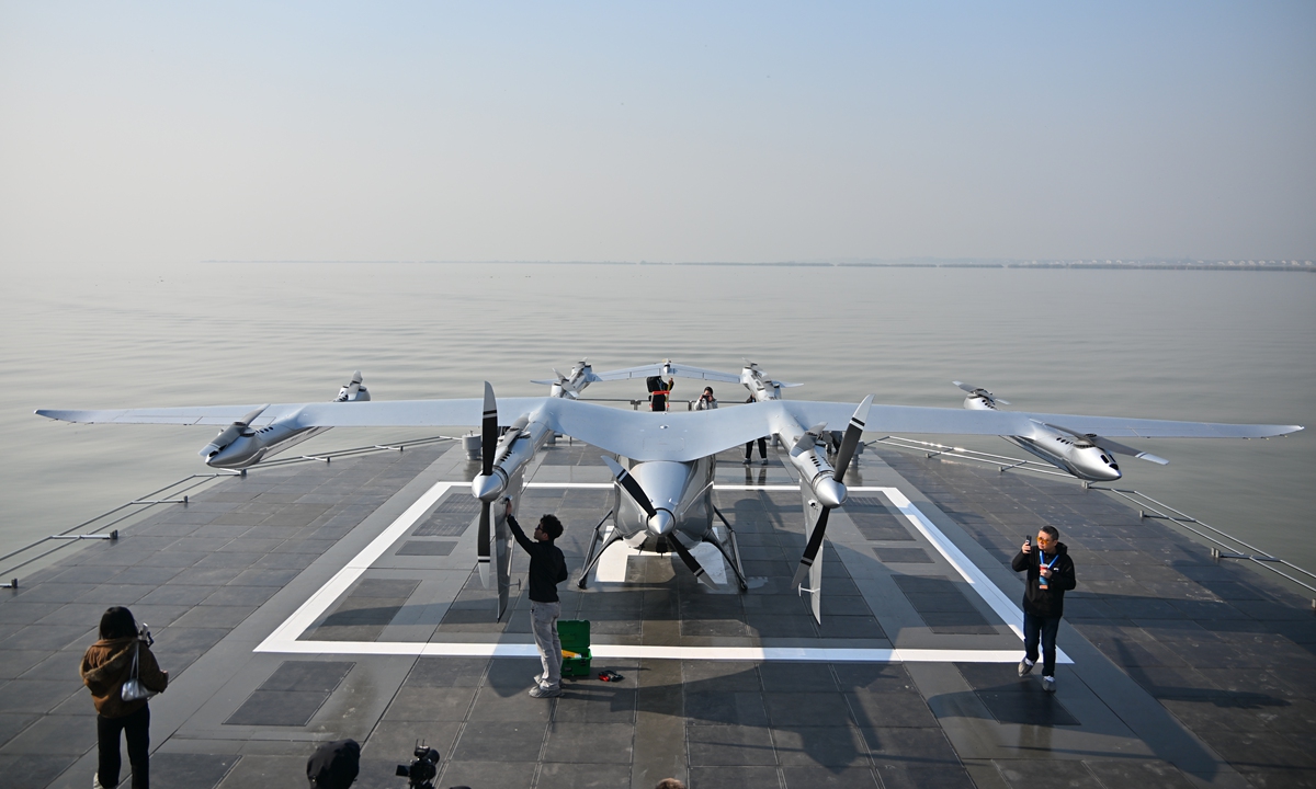 AutoFlight's eVTOL aircraft CarryAll parks at a water-based vertiport at the Dianshan Lake in Kunshan, East China's Jiangsu Province, on November 22, 2025. Photo: Tao Mingyang/GT