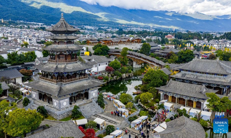 A drone photo taken on Nov. 23, 2025 shows a promotion week for intangible cultural heritage brands held in Dali, southwest China's Yunnan Province. More than 120 brands of intangible cultural heritage took part in the brand promotion week which opened here on Sunday. Photo: Xinhua