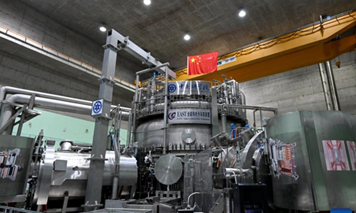 This photo shows the Experimental Advanced Superconducting Tokamak (EAST) in Hefei, East China's Anhui Province on January 15, 2025. The EAST, dubbed China's artificial sun, maintains a steady-state high-confinement plasma operation for a remarkable 1,066 seconds on Monday, setting a new world record and marking a breakthrough in the quest for fusion power generation. Photo: Xinhua 