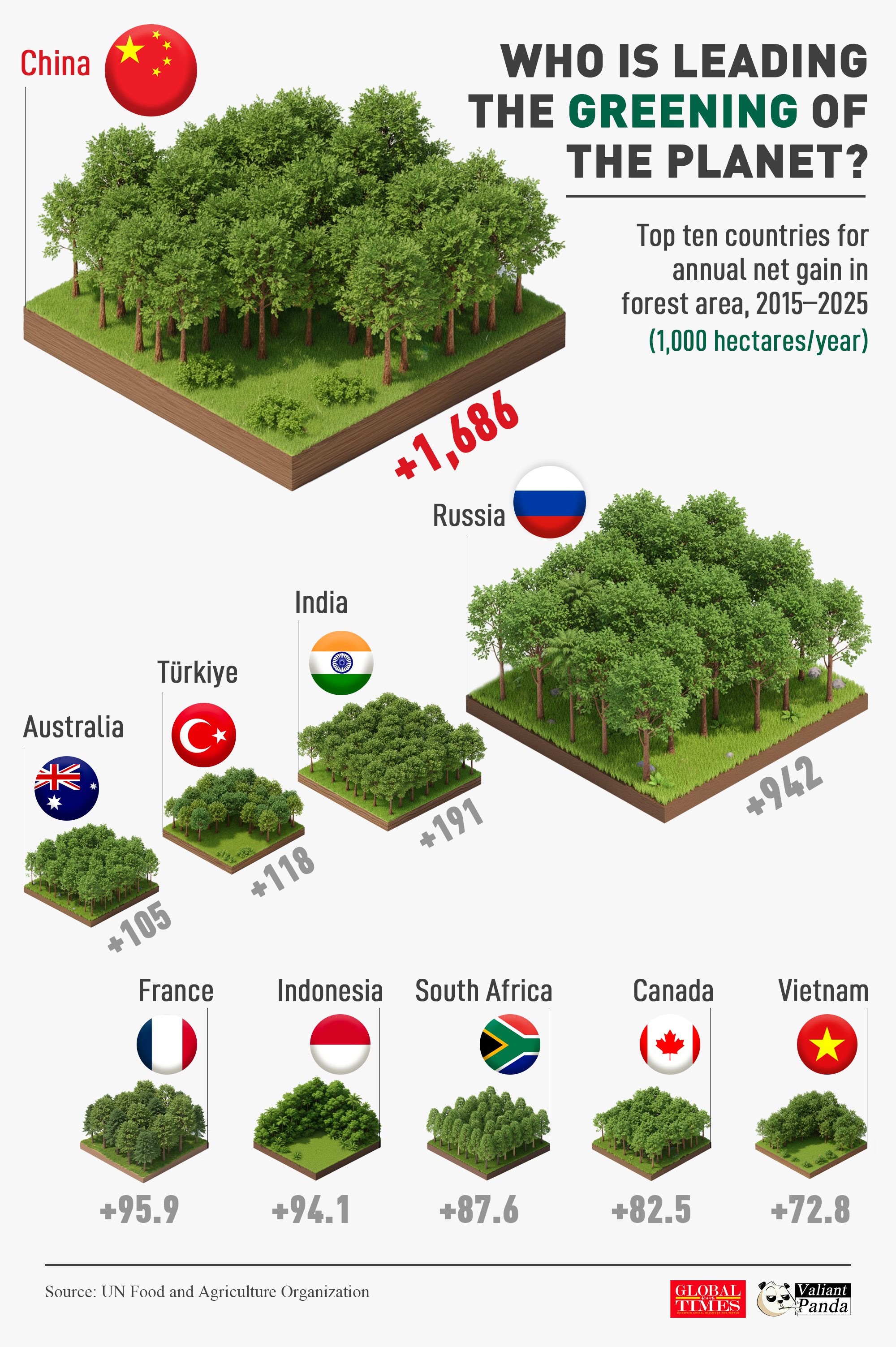 Who is leading the greening of the planet? From 2015 to 2025, China had the largest annual net gain in forest area, with more than 1.6 million hectares added each year, followed by Russia and India. Graphic: GT