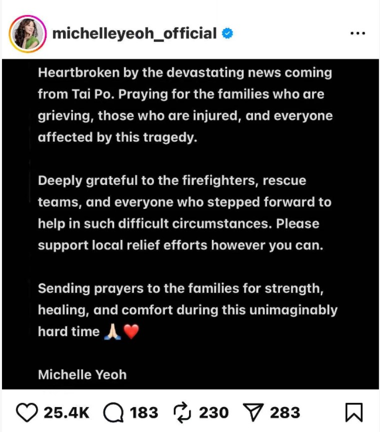 An Instagram post by Malaysia actress Michelle Yeoh on the deadly fire in Hong Kong