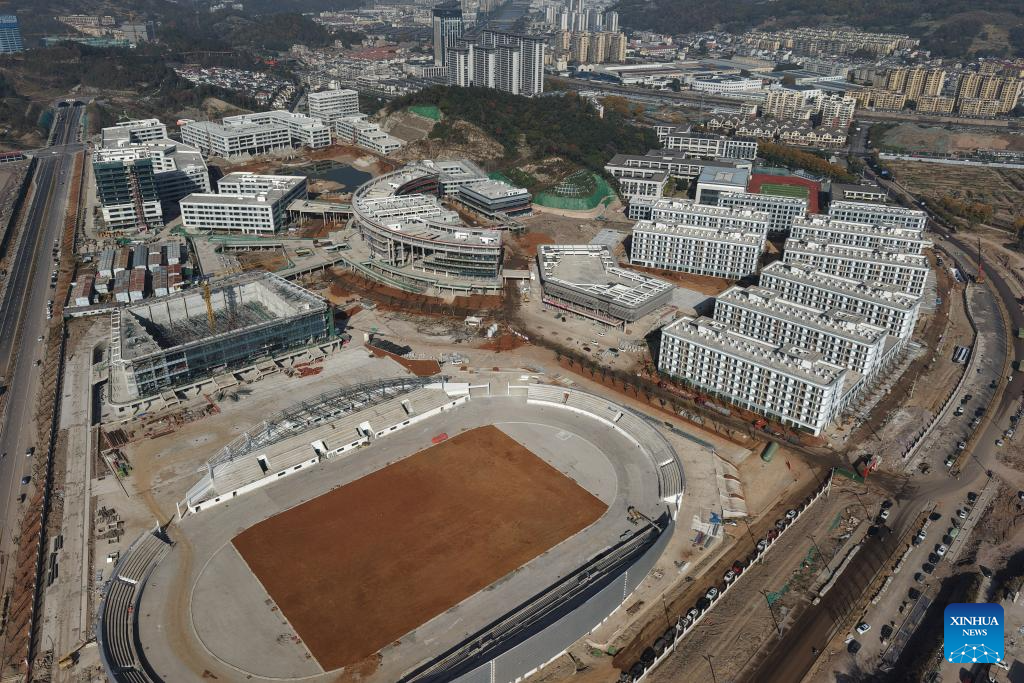 An aerial drone photo taken on Nov. 26, 2025 shows the construction site of the Xinchang College of Zhejiang Industry Polytechnic College in Xinchang County of Shaoxing City, east China's Zhejiang Province. Covering approximately 600 mu (about 40 hectares), the Xinchang College of Zhejiang Industry Polytechnic College is the first institution of higher education currently under construction in Xinchang County of Zhejiang. It will accommodate around 6,000 students and faculty members upon completion. (Xinhua/Huang Zongzhi)