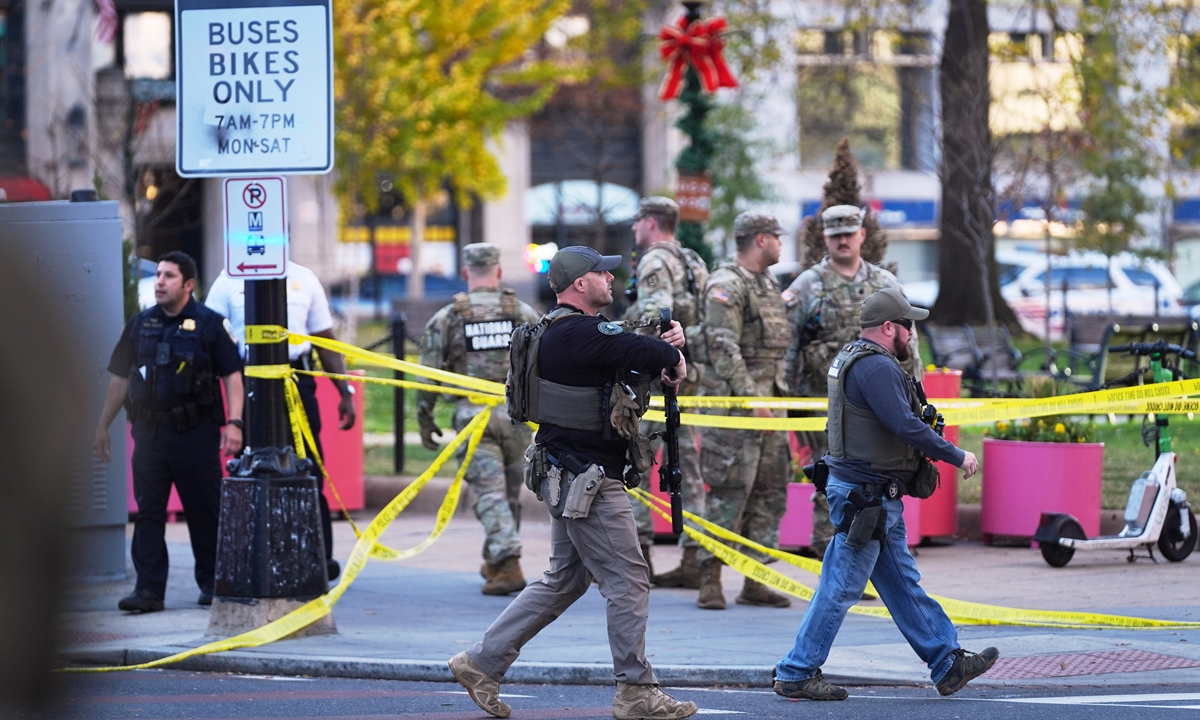 US Marshalls and National Guard troops are seen after reports of two National Guard soldiers being shot near the White House in Washington, November 26 local time, 2025. Photo: VCG