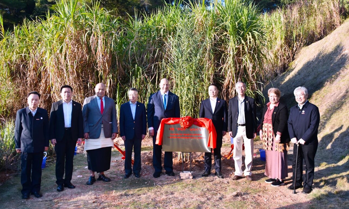 During his visit to China, King Tupou VI of the Kingdom of Tonga (in the middle) plants a Juncao seedling at Fujian Agriculture and Forestry University on November 21, 2025. Photo: WeChat account of Fujian Agriculture and Forestry University