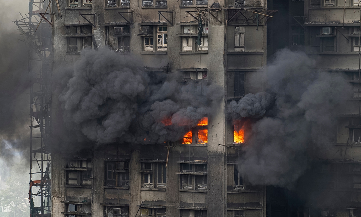 A fire can be seen at Wang Fuk Court, a residential estate in the Tai Po district of Hong Kong's New Territories, on November 27, 2025. Photo: VCG