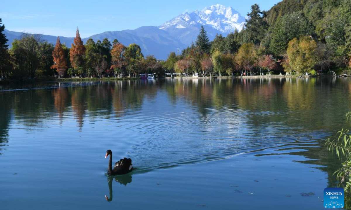 This photo taken from Heilongtan Park shows a view of the Yulong Snow Mountain in Lijiang, southwest China's Yunnan Province, Nov. 28, 2025. (Photo by Zhao Qingzu/Xinhua)