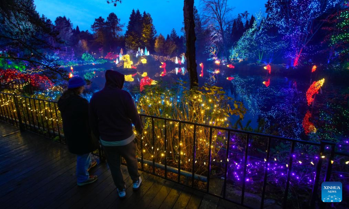 People enjoy the light installations at VanDusen Botanical Garden during the annual Festival of Lights in Vancouver, British Columbia, Canada, Nov. 28, 2025. The annual holiday event kicked off here on Friday, with over 1 million lights transforming the garden into a dazzling holiday spectacle. (Photo by Liang Sen/Xinhua)