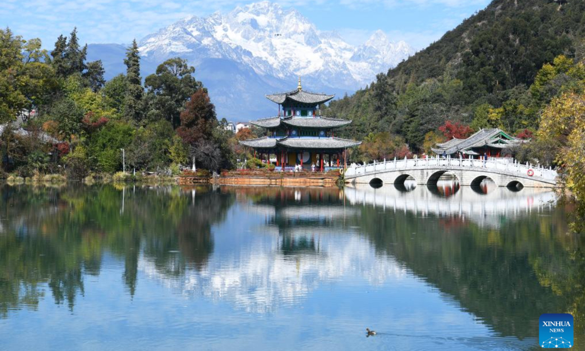 This photo taken from Heilongtan Park shows a view of the Yulong Snow Mountain in Lijiang, southwest China's Yunnan Province, Nov. 28, 2025. (Photo by Zhao Qingzu/Xinhua)