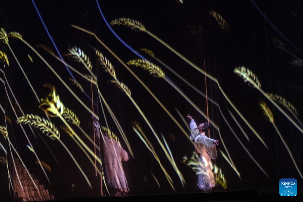 Chinese dancers stage the dance drama Tiangong Kaiwu at the Christmas Theater in Athens, Greece, Nov. 28, 2025. The epic dance drama Tiangong Kaiwu premiered to an enthusiastic reception on Friday evening at Athens' Christmas Theater, the Greek capital's largest indoor venue. (Xinhua/Marios Lolos)