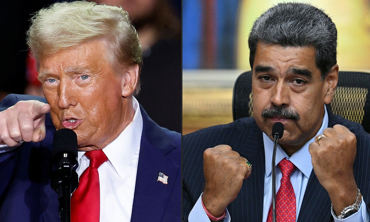 This combination of pictures created on August 07, 2025 shows US President Donald Trump (L) in Grand Rapids, Michigan on November 5, 2024, and Venezuelan President Nicolas Maduro (R) in Caracas on July 31, 2024. Photo: VCG