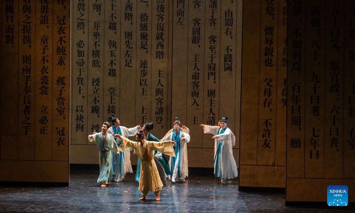 Chinese dancers stage the dance drama Tiangong Kaiwu at the Christmas Theater in Athens, Greece, Nov. 28, 2025. The epic dance drama Tiangong Kaiwu premiered to an enthusiastic reception on Friday evening at Athens' Christmas Theater, the Greek capital's largest indoor venue. (Xinhua/Marios Lolos)