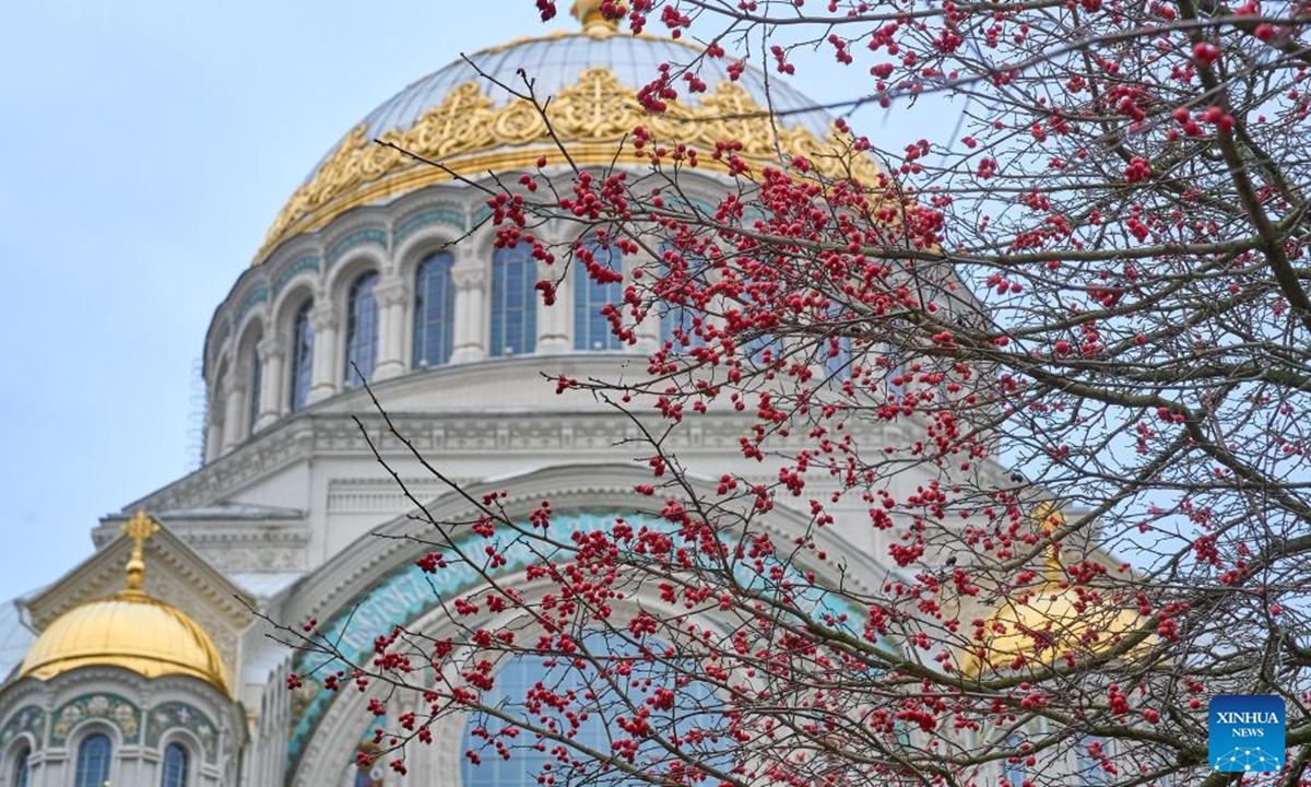 This photo taken on Nov. 30, 2025 shows the Naval Cathedral, a landmark in Kronstadt, Russia. Kronstadt is located in the Gulf of Finland, 30 kilometers west of St. Petersburg, and is an important naval base of Russia. (Photo by Guo Feizhou/Xinhua)