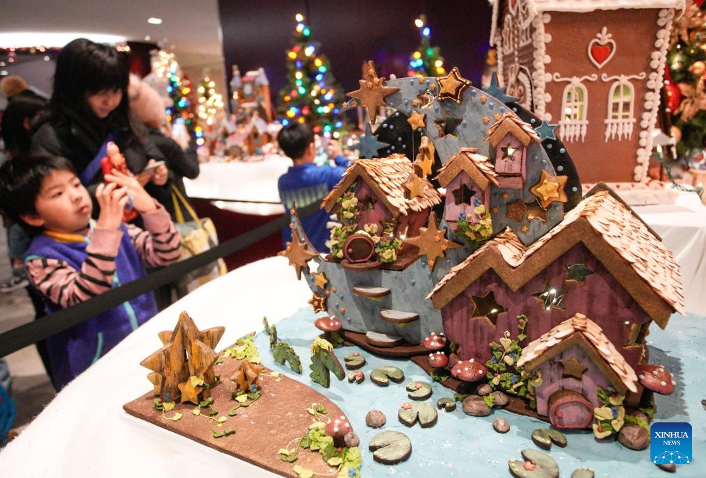 People look at gingerbread house creations during the annual Gingerbread Lane event in Vancouver, British Columbia, Canada, Nov. 29, 2025. Canada's longest-running gingerbread house display event returned for its 33rd year, featuring more than 30 gingerbread houses and inviting the public to vote for their favourite creations crafted by professional bakers, culinary artists, and culinary school students. (Photo by Liang Sen/Xinhua)