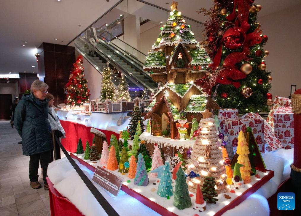 People look at gingerbread house creations during the annual Gingerbread Lane event in Vancouver, British Columbia, Canada, Nov. 29, 2025. Canada's longest-running gingerbread house display event returned for its 33rd year, featuring more than 30 gingerbread houses and inviting the public to vote for their favourite creations crafted by professional bakers, culinary artists, and culinary school students. (Photo by Liang Sen/Xinhua)
