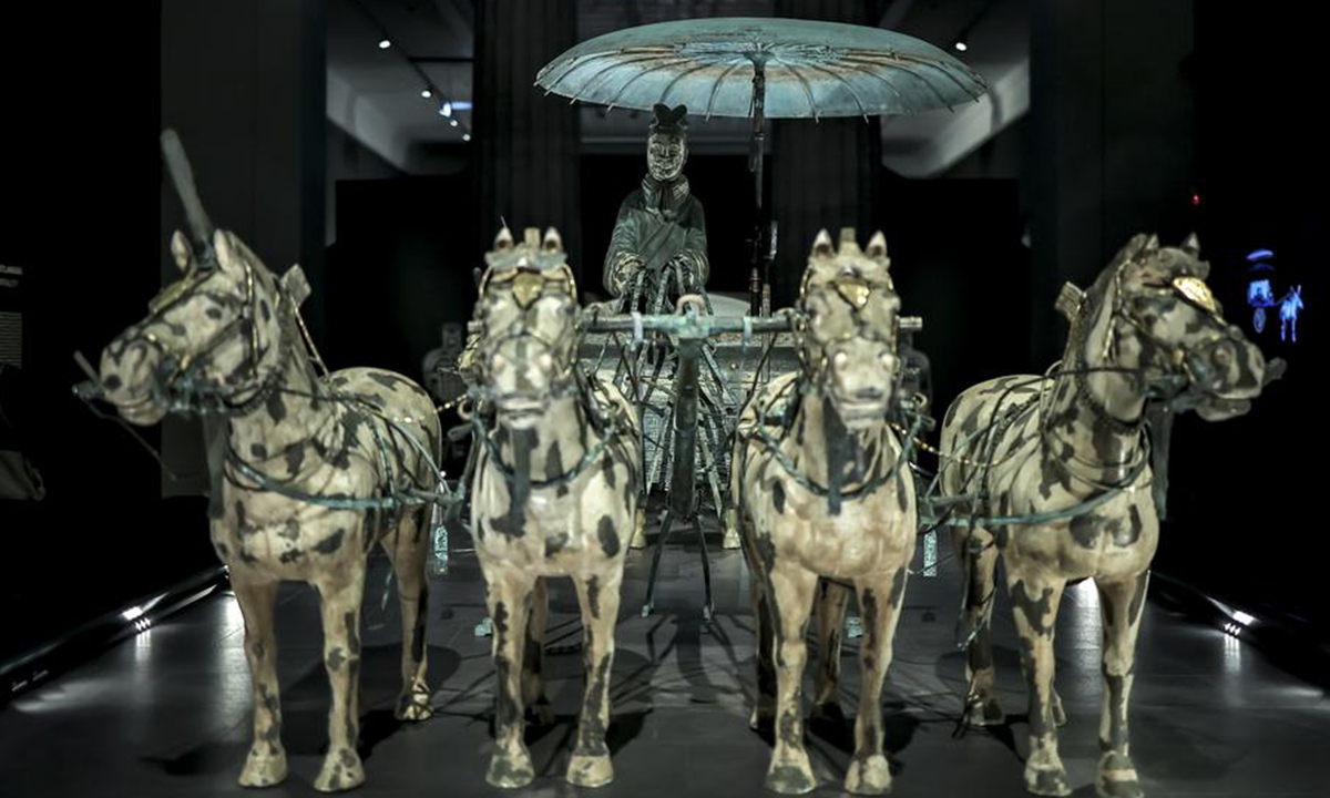 Exhibits are pictured at the exhibition Civilization of the Qin and Han Dynasties - The First Chinese Emperor's Terracotta Warriors at the Museum of Fine Arts in Budapest, Hungary, Nov. 27, 2025.(Photo by David Balogh/Xinhua)