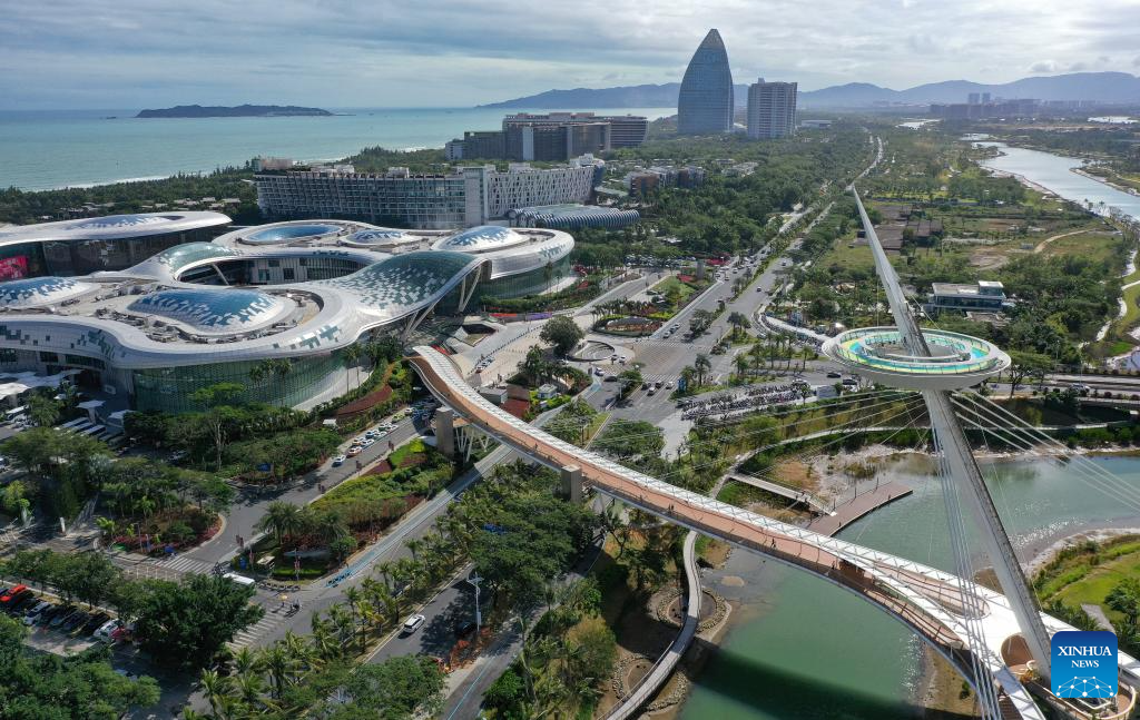 An aerial drone photo taken on Nov. 30, 2025 shows a duty-free shopping mall in Sanya, south China's Hainan Province. The Haikou Customs supervised a total of 2.38 billion yuan (about 337 million U.S. dollars) in duty-free sales during the first month (from Nov. 1 to 30) of the implementation of the expanded offshore duty-free policy, up 27.1 percent year on year. (Xinhua/Guo Cheng)