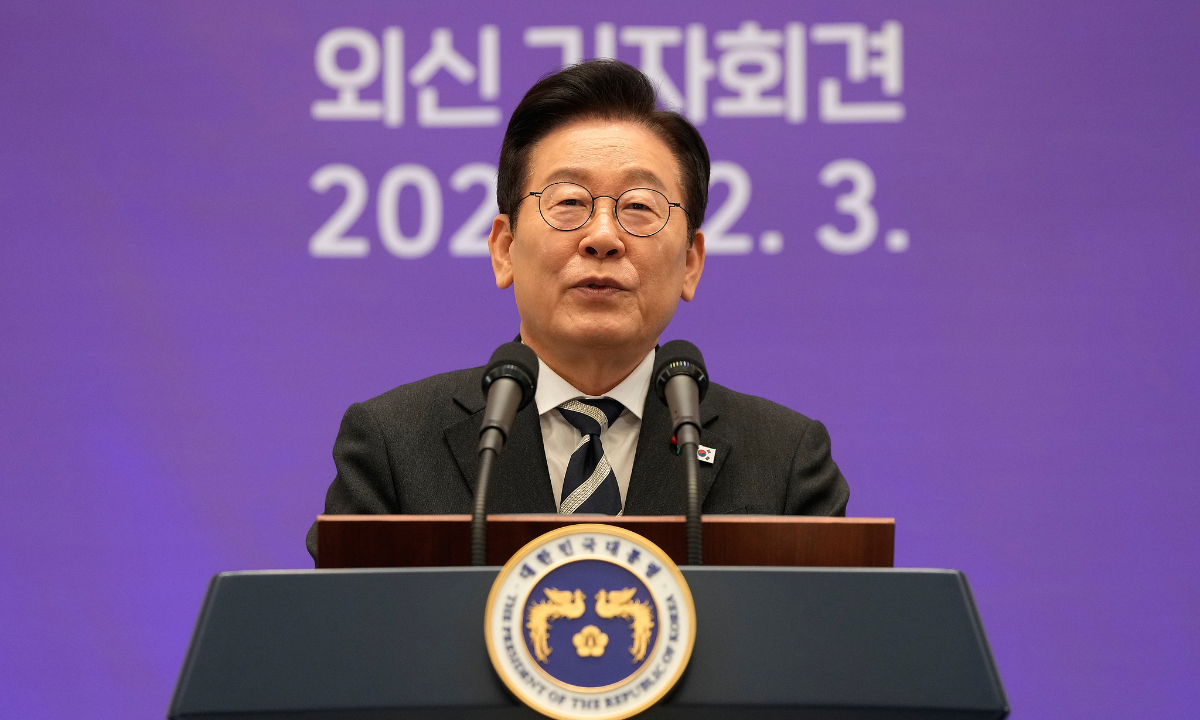 South Korean President Lee Jae-myung speaks during a news conference to mark the first anniversary of the December 3 martial law crisis at the Blue House in Seoul, South Korea, on December 3, 2025. Photo: VCG