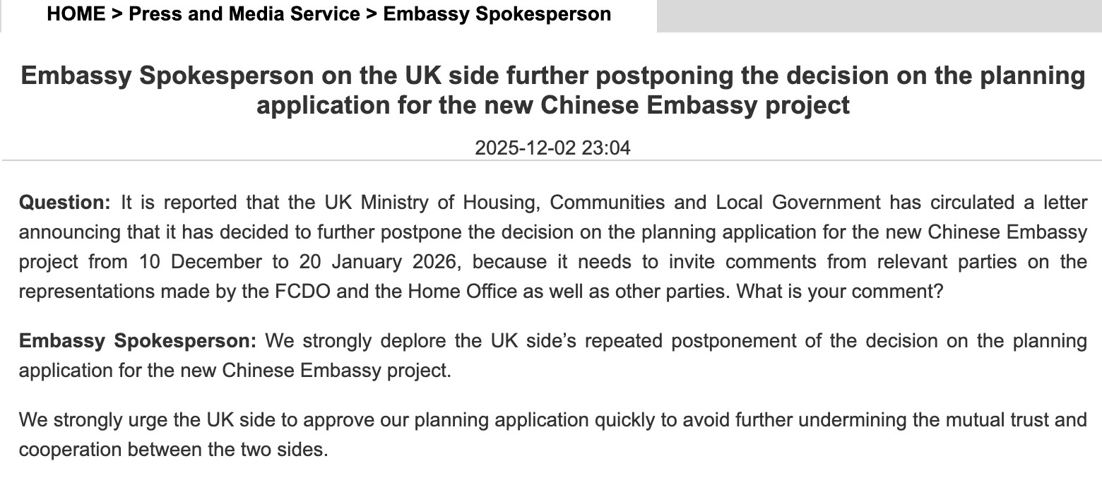 Photo: Screenshot of the Chinese Embassy statement 