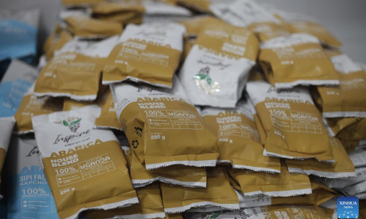 This photo taken on Nov. 29, 2025 shows coffee packages at the African Coffee Park in western Uganda district of Ntungamo. (Photo by Ronald Ssekandi/Xinhua)