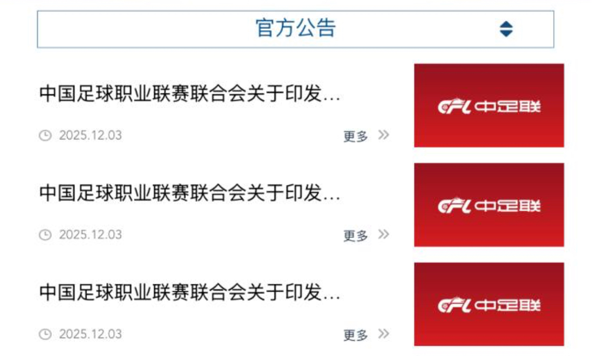 Screenshot from the Chinese Professional Football League's official website