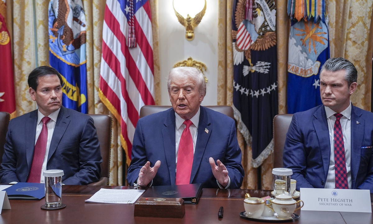 US President Donald J Trump answers reporters questions as he holds a meeting with his Cabinet in the Cabinet Room of the White House in Washington DC, US, December 2, 2025. Photo: VCG