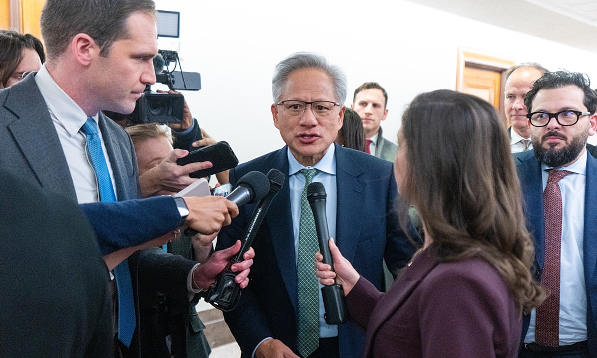 Nvidia Chief Executive Officer (CEO) Jensen Huang arrives to talk with the Senate Banking Committee Republicans in the Dirksen Senate Office Building on Wednesday, December 3, 2025. Photo: VCG