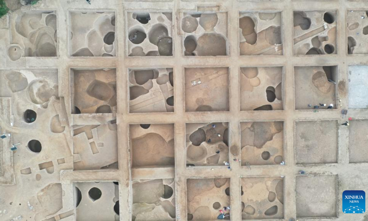 This undated file photo shows an aerial view of central part of the Luojiahe cultural relic site in Chunhua County, Xianyang City, northwest China's Shaanxi Province. (the Xianyang Cultural Heritage Institute/Handout via Xinhua)