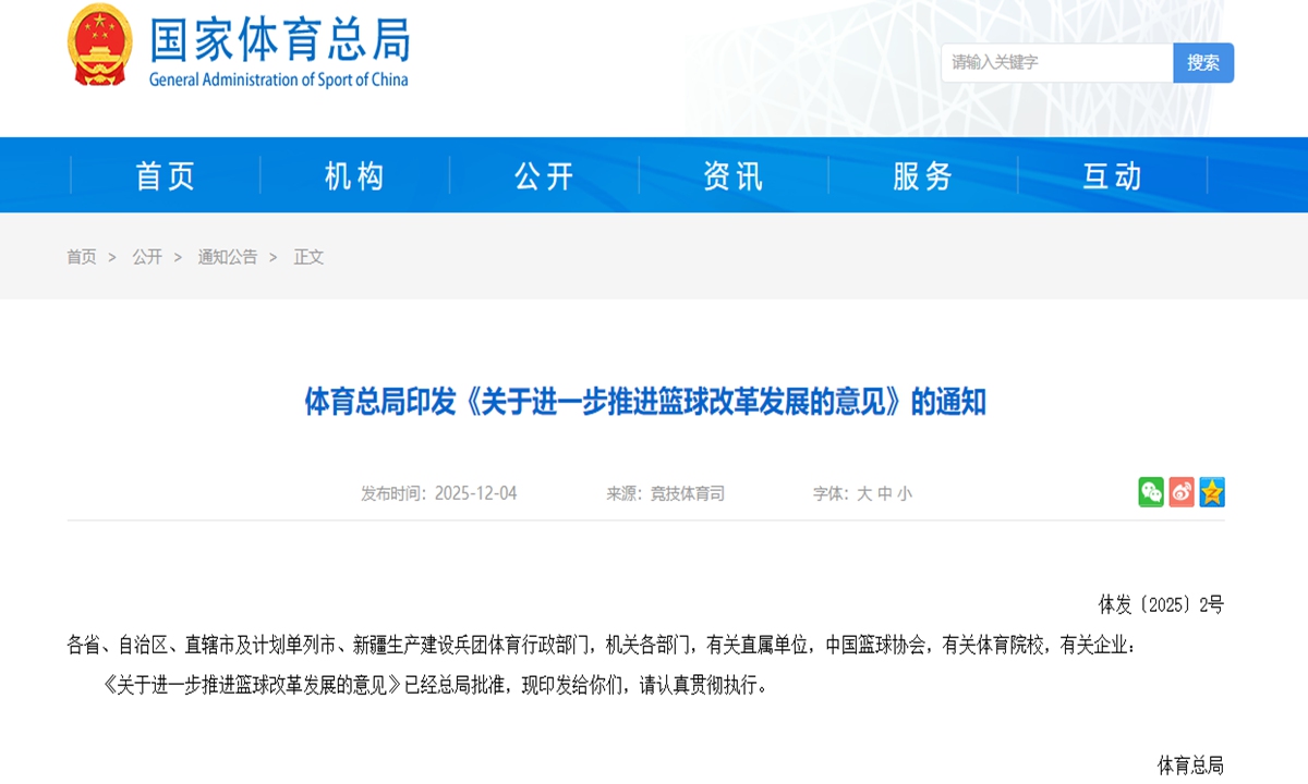 The General Administration of Sport of China (GASC) on Thursday released a circular on the measures for further promoting reform and development of basketball in the country, stressing that advancing basketball reform is essential to building China into a leading sporting nation and to addressing long-standing issues in the sector. The document calls on provinces, autonomous regions, municipalities, and relevant associations, institutions, and enterprises to implement the guidelines. Photo: GASC offical website
