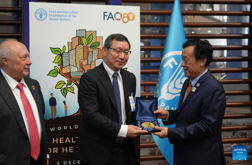 FAO Director-General Qu Dongyu (R) presents the 2025 Glinka World Soil Prize medal to Zhang Ganlin (C) during the World Soil Day celebration at the FAO headquarters in Rome, Italy, Dec. 5, 2025. Zhang Ganlin, a researcher at the Institute of Soil Science under the Chinese Academy of Sciences, received the 2025 Glinka World Soil Prize on Friday at the World Soil Day celebration held at the headquarters of the Food and Agriculture Organization of the United Nations (FAO) in Rome. (Xinhua/Ren Yaoting)