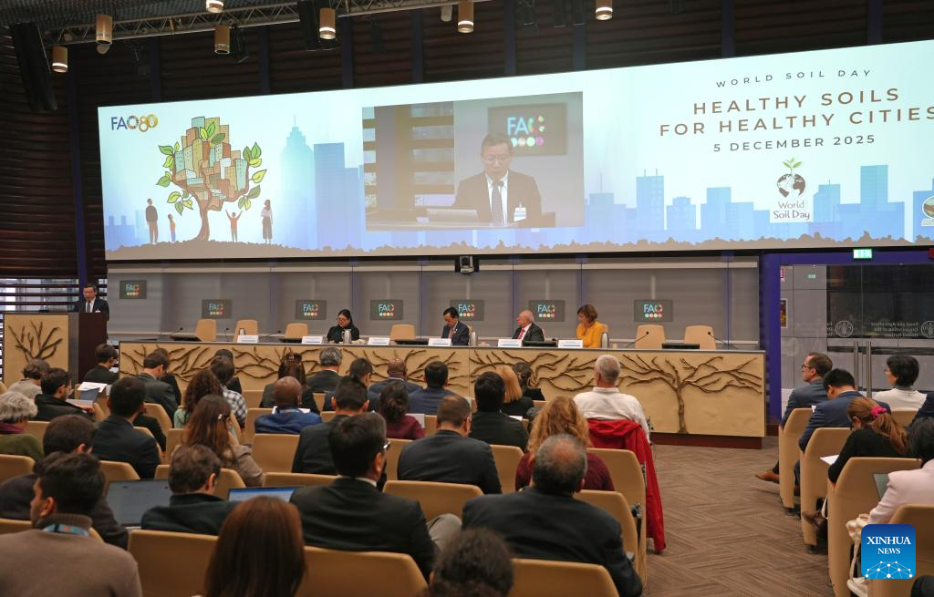 Zhang Ganlin delivers a speech during the official World Soil Day celebration at the FAO headquarters in Rome, Italy, Dec. 5, 2025. Zhang Ganlin, a researcher at the Institute of Soil Science under the Chinese Academy of Sciences, received the 2025 Glinka World Soil Prize on Friday at the World Soil Day celebration held at the headquarters of the Food and Agriculture Organization of the United Nations (FAO) in Rome. (Xinhua/Ren Yaoting)