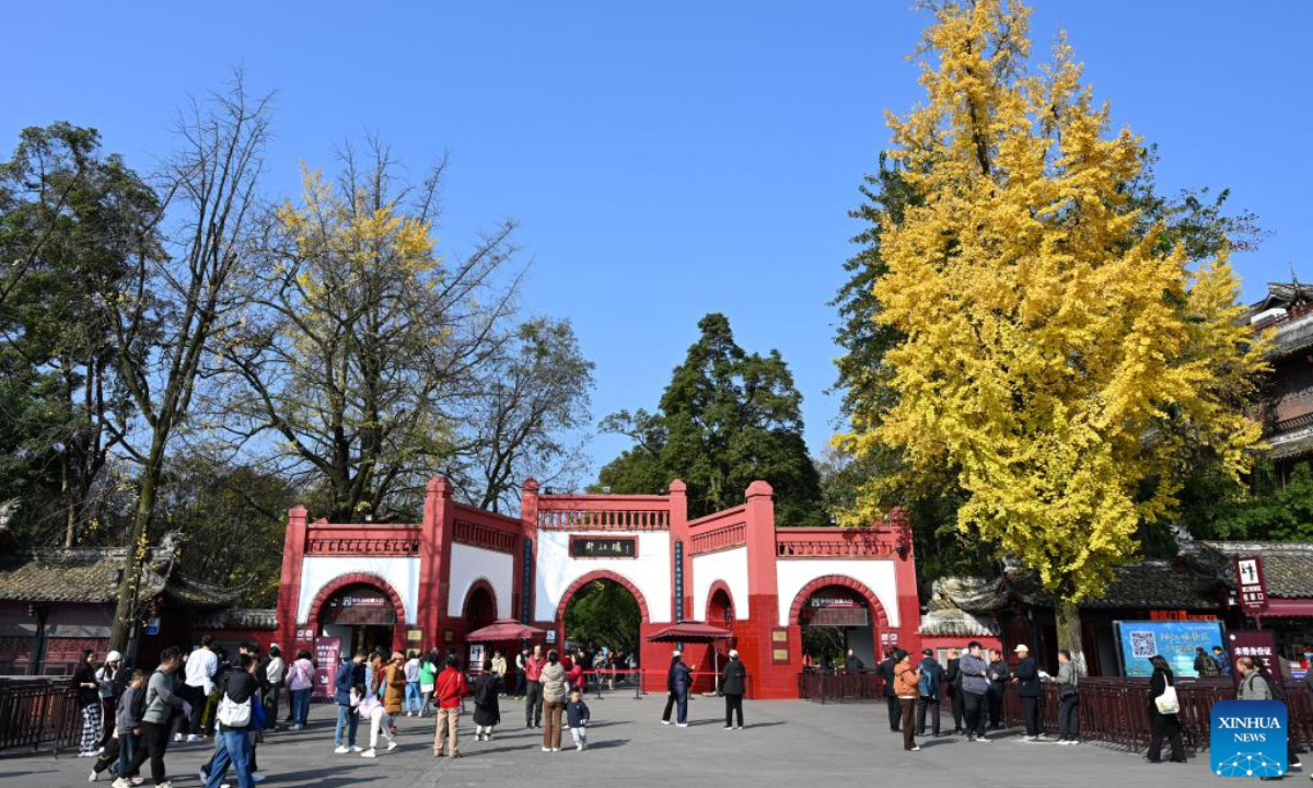 This photo taken on Nov. 30, 2025 shows the Dujiangyan scenic area in Chengdu, southwest China's Sichuan Province. The Dujiangyan irrigation system, characterized by dam-free water diversion, was built in 256 BC and is the oldest, the only remaining grand water conservancy project in the world, which has withstood the tests of natural disasters such as floods and earthquakes, and is still in use today. A