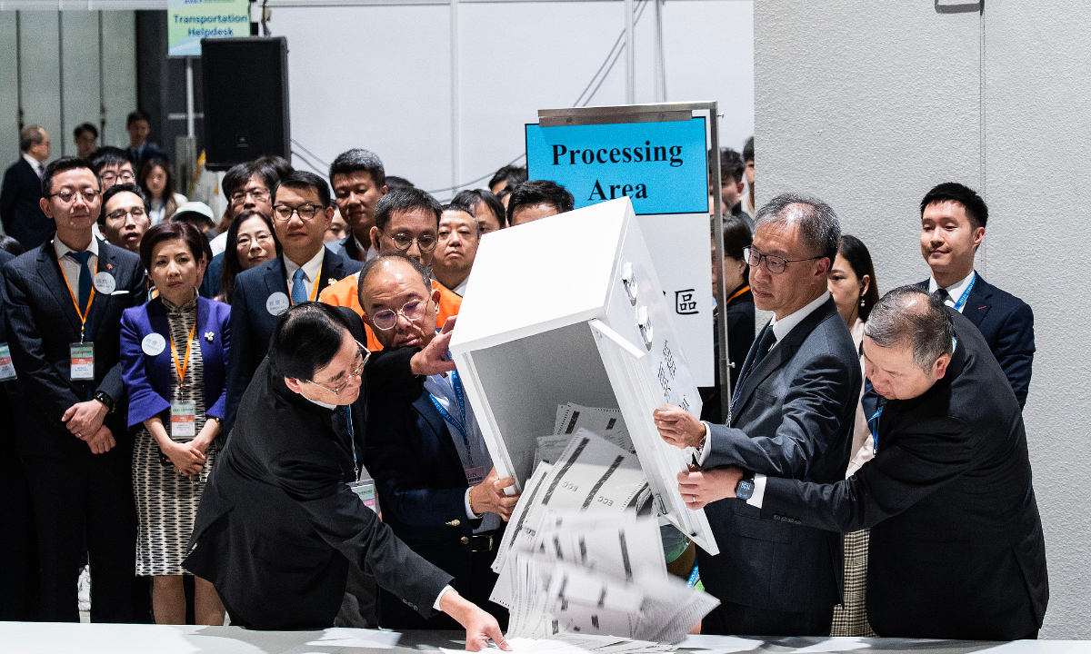 After voting in the HKSAR’s eighth Legislative Council election concluded in late night of December 7, 2025, ballot counting began. Photo: VCG