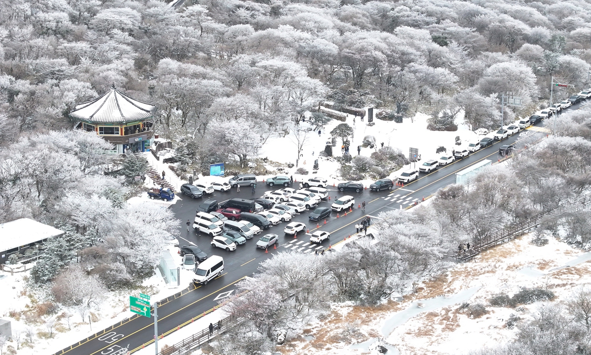 After a heavy snow warning was lifted, people visit the snow-covered 1100 Highland, located at an altitude of 1,100 meters above sea level, on Mount Halla in Jeju Island, South Korea on December 4, 2025. Photo: VCG