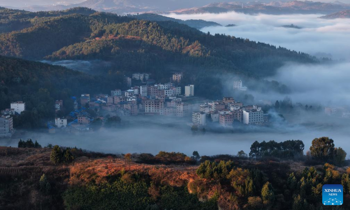 An aerial drone photo taken on Dec. 6, 2025 shows the morning view in Qujing City, southwest China's Yunnan Province. (Photo by Sun Wenlai/Xinhua)