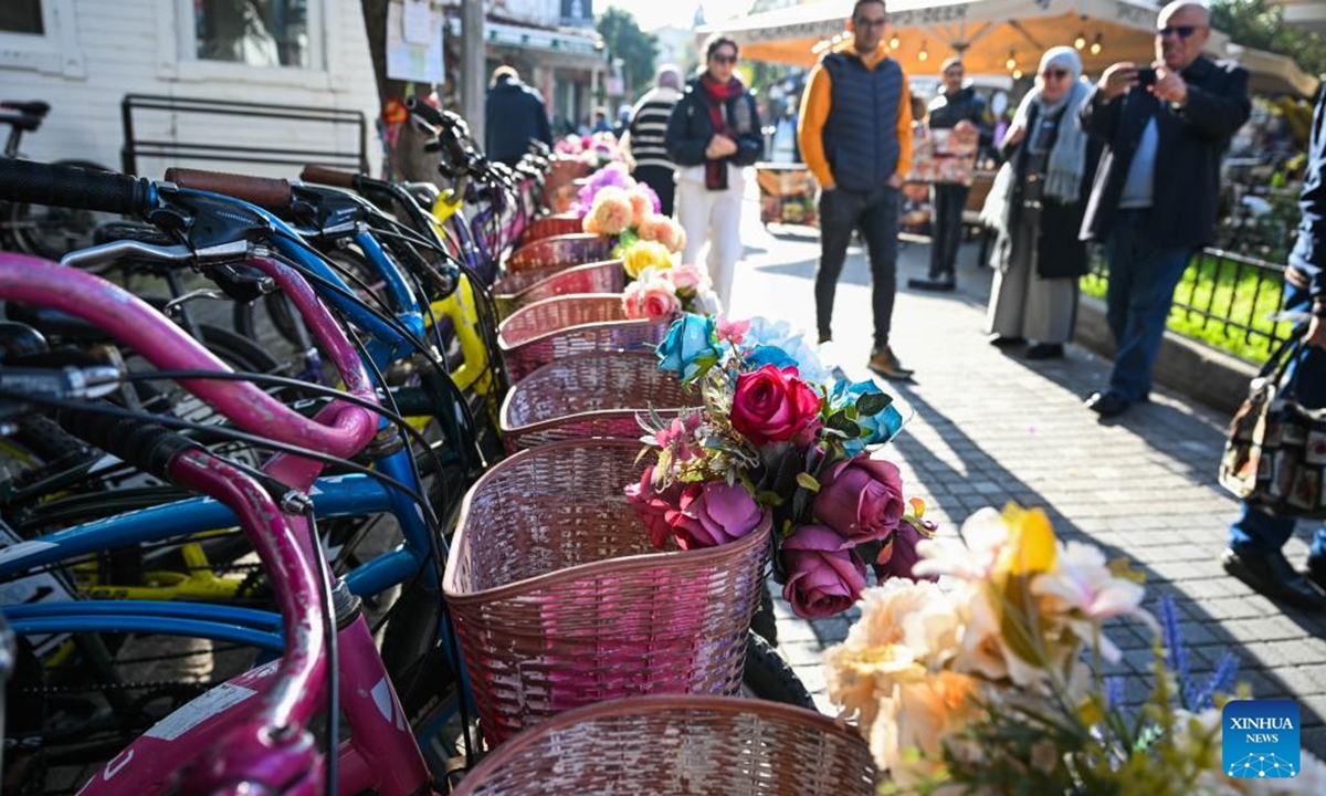 Bicycles for rent are seen on Buyukada Island in Istanbul, Türkiye, on Dec. 4, 2025. Buyukada Island, located in the Sea of Marmara and well known for its scenic beauty, is a popular getaway destination for locals and visitors. (Xinhua/Liu Lei)