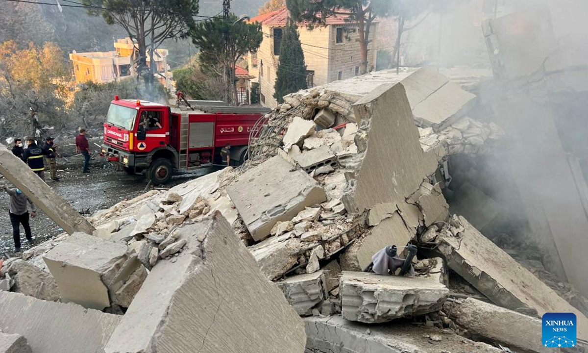 Photo taken on Dec. 4, 2025 shows buildings destroyed by Israeli airstrikes in the town of Jbaa, south Lebanon. Israeli airstrikes targeted buildings in four towns in southern Lebanon on Thursday afternoon, Lebanon's official National News Agency reported. According to a Lebanese army intelligence source, four buildings were destroyed and around 20 nearby homes were damaged. (Photo by Ali Hashisho/Xinhua)