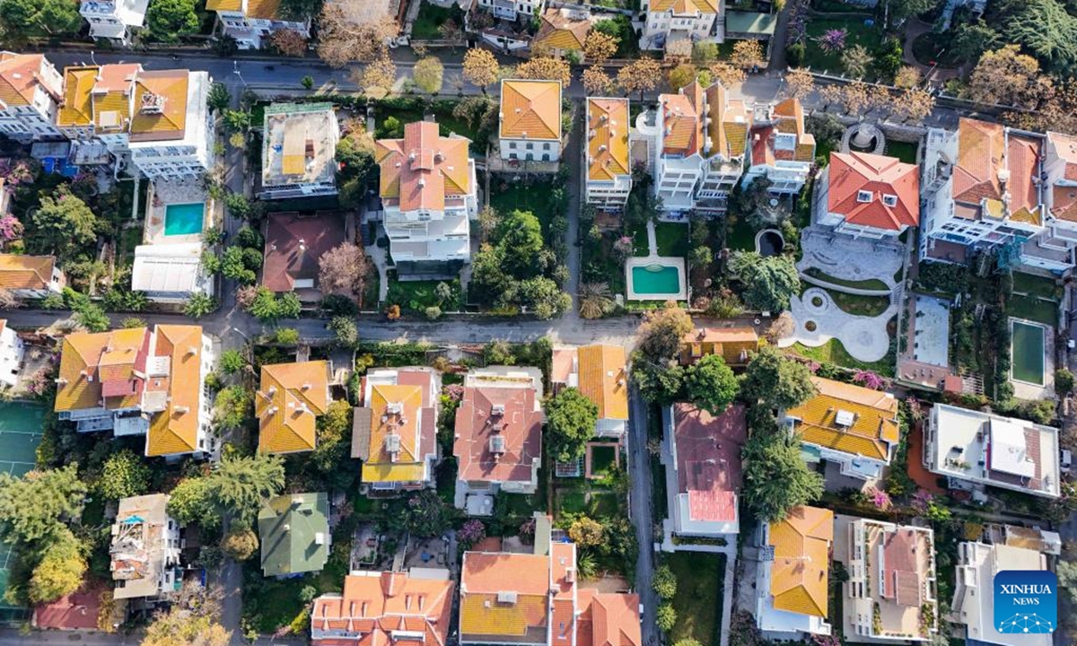 An aerial drone photo taken on Dec. 4, 2025 shows houses on Buyukada Island in Istanbul, Türkiye. Buyukada Island, located in the Sea of Marmara and well known for its scenic beauty, is a popular getaway destination for locals and visitors. (Xinhua/Liu Lei)